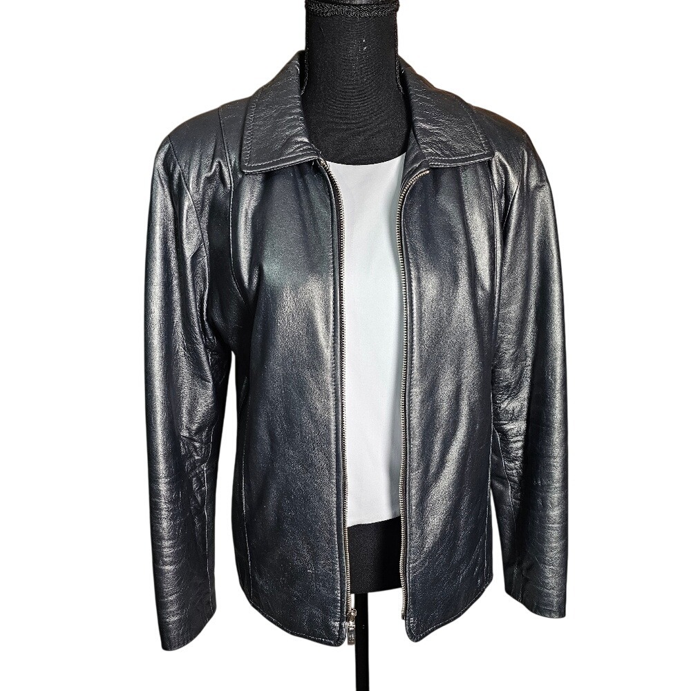 Damselle Metallic Lambs Leather Minimalist Jacket, Small, Zip Close, Collar SOFT